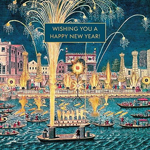 Museums & Galleries Artistic 'Happy New Year' Greeting Card - Fireworks and Illuminations Illustration - From The Festive Wishes Range - With A Gold Foil Finish