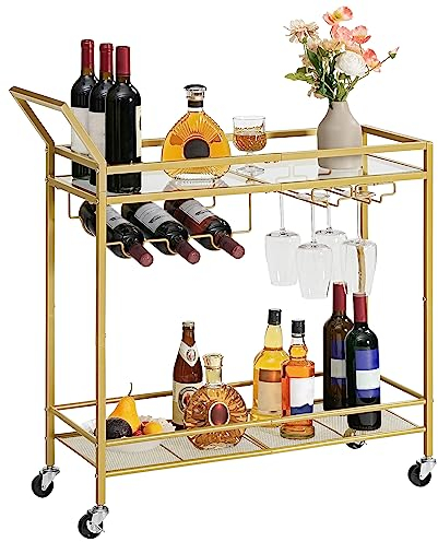 HOOBRO Barwagen, Küchenwagen mit Weinhaltern und Getränkehaltern, 2-stöckiger Servierwagen mit Rollen und Geländern, für Esszimmer, Wohnzimmer, Garten, Party, Bar, Gold EGD11TC01