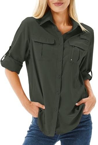 Toumett Women's UPF 50 Long Sleeve UV Sun Protection Safari Shirts Outdoor Quick Dry Fishing Hiking Travel Shirts(Amy Green,S,5071)