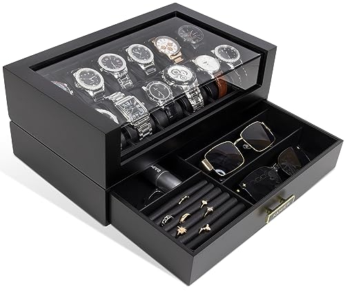 KAMIER Uhrenbox Herren mit 12 Fächern, Echtholz Uhrenkoffer 2 Ebenen, Luxuriösem Watch Box Uhren Uhrenkasten mit Glasdeckel, Multifunktionale mit Herausnehmbaren Uhrenkissen und Schublade