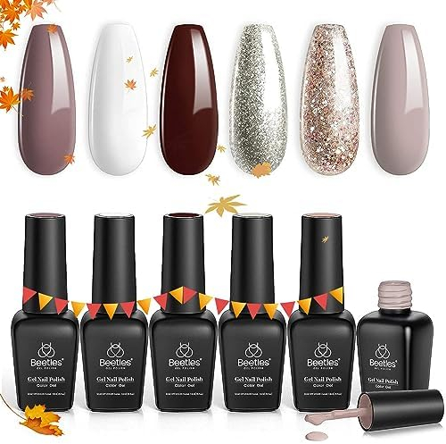 Beetles UV Nagellack-Set, 6 Farben Holiday Gelnägel Gel Burgunderrot Braun Champagner Gold Gellack-Set Nude-Grau Nagelgel Nageldesign DIY-Geschenk