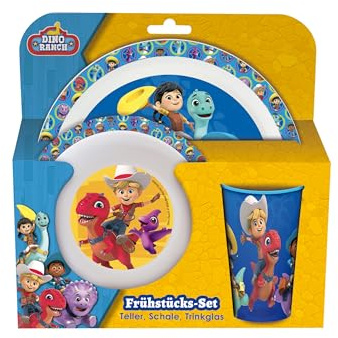 p:os 35133 Frukostset Dino Ranch, 3 delar med tallrik, skål och kopp, plastservis för barn, diskmaskin/mikrovågsugnssäker