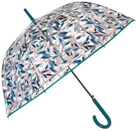 PERLETTI Grand Parapluie Cloche Transparent pour Femme Fille - Parapluie Automatique Coupe Vent avec Feuilles Vertes - Ombrelle Solide Léger Résistant au Vent - Diamètre 89 cm (Feuilles)