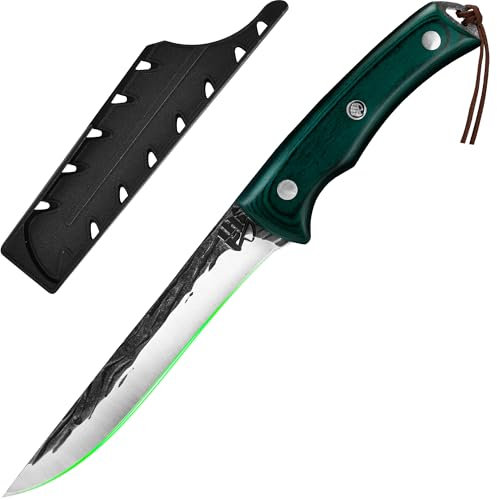FULLHI Cuchillo deshuesador con funda,Cuchillo de cocina Full Tang,Cuchillo de acero al carbono para trinchar y deshuesar,Cuchillo de pesca para casa,Camping Barbacoa (Verde, 15,5cm)