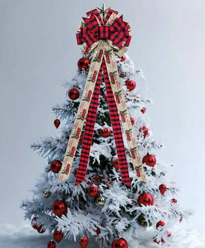 Weihnachtsbaumspitzen-Schleife, Große Weihnachtsschleife,XXL-124x33cm,Weihnachtsbaum Topper Christbaumschmuck mit Schnee Rot Kariert Drahtband,Dekorative Schleifen für Kranz Kamin Fenster Tür Festival