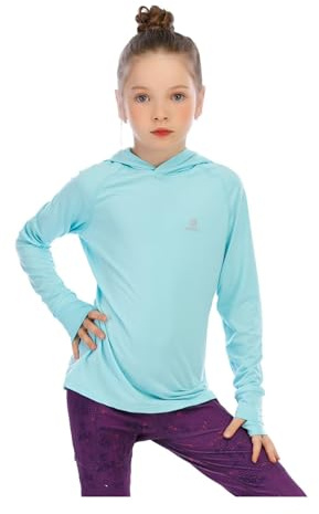 Mädchen Langärmeliges Hoodie Shirt mit Daumenlöchern UV Schutz T-Shirt UPF 50+ für Laufen Wandern Yoga Workouts Leichtes schnelltrocknendes Sport Pullover Top Kinder Jugendliche,Lt.Blue 9-10