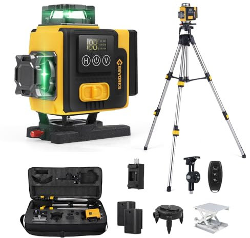 Geevorks Nivel Láser Autonivelante con Tripode,Nivel Laser Autonivelante 360 Grados 16 Líneas, Autonivelante de 3°,Alta Precisión,Pantalla Digital,2 * 2400 mAh Batería,Mando a Distancia