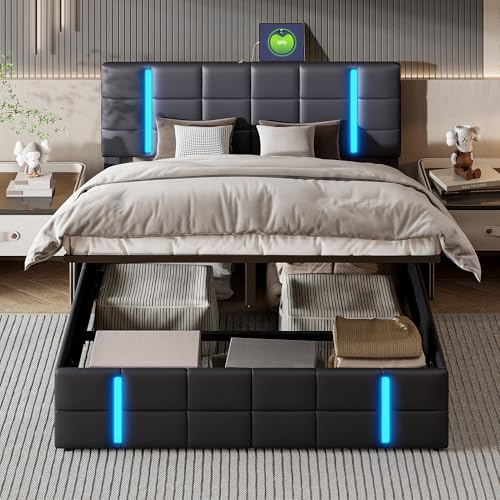 Lit rembourré 140 x 200 cm avec LED, compartiment hydraulique et revêtement en simili cuir, deux ports USB, grand espace en dessous, lit double pour adultes et adolescents