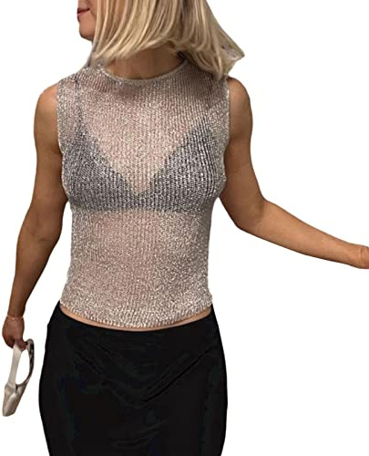 Women Sexy Fishnet Knit Glittering Crop Tank Going Out Top Sheer Mesh Sleeveless Solid Slim Cropped Shirt Tops (Silver, S)
