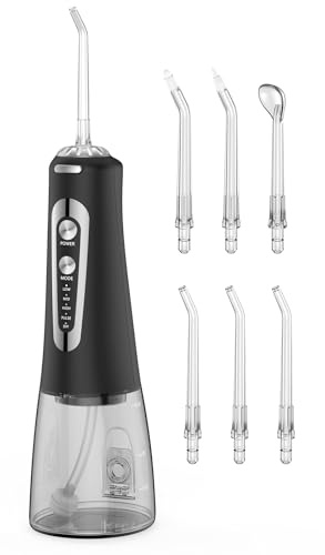 Jet Dentaire Hydropulseur Portable, Jet Dentaire Sans Fil Rechargeable avec 5 Mode set 6 Buses Capacité de 300 ML IPX7 Étanche Pour La Maison et Les Voyages