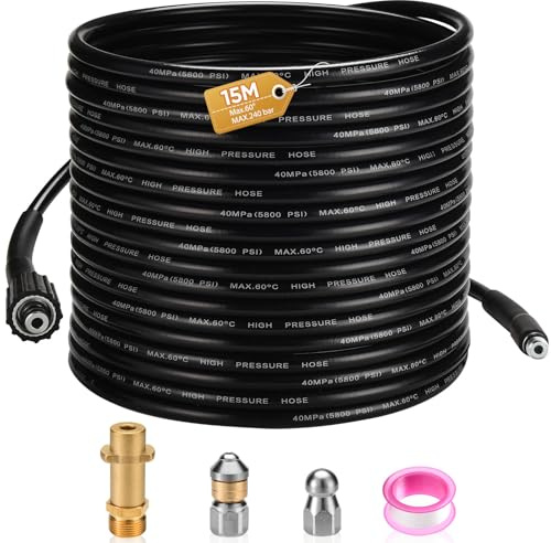 Rohrreinigungsschlauch 15m mit M22 Adapter, 400 Bar 60°C Rohrreinigungsset Geeignet für K2, K3, K4, K5, K6, K7 Hochdruckreiniger mit Düsen starr + rotierend Hochdruckschlauch