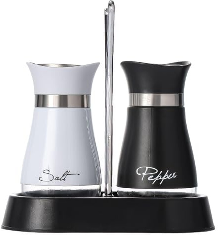 Salt and Pepper Shakers Set with Holder, Vintage Cruet Sets Stainless Steel Salt and Pepper with Glass Bottom, Refillable Salts Shaker for Home Restaurant Wedding BBQ Camp