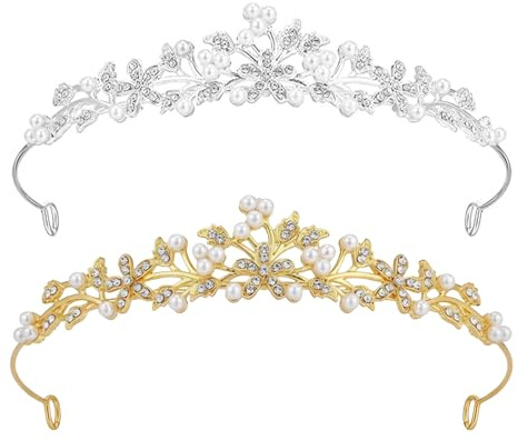 Diadema per matrimonio, 2 pezzi, corona di cristallo tiara da donna, ballo di fine anno, corona nuziale, fascia per capelli, diadema, con strass, per matrimonio, compleanno, vacanza (oro e argento)