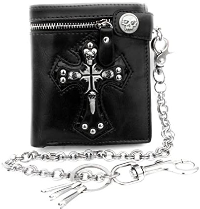 TLMDXTEU Portefeuille Homme avec Chaîne Mens Boys Goth Skull Cross Leather Biker Punk Snap Zipper Wallet