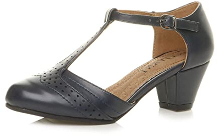 Ajvani Womens Ladies mid Block Heel t-bar Cut Out Buckle Brogue Shoes Sandals , Blue Navy Matte, 3 UK