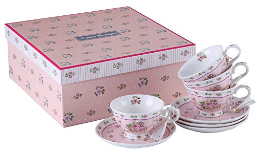 London Boutique Juego de 4 Tazas de té y platillo de Porcelana Estilo Shabby Chic, Vintage, Caja de Regalo