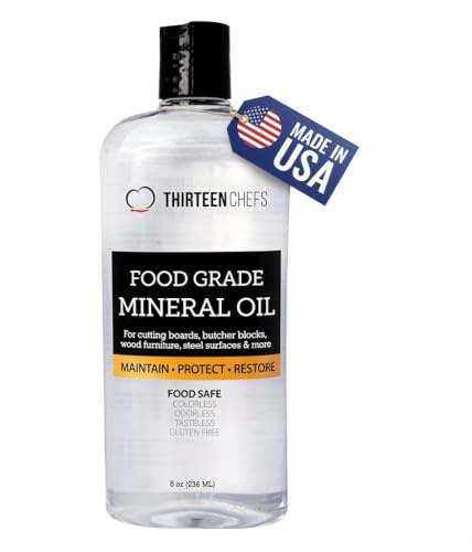 Thirteen Chefs Mineral Oil - 8 oz Food Grade Conditioner for Wood Cutting Board, Countertop & Butcher Block, Lubricant for Knife or Meat Grinder - Safe USP Finish on Marble, Soapstone