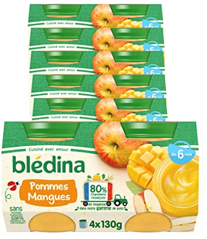Blédina - Petits pots pour bébé - Pommes Mangues - 80% d'ingrédients Français - Dès 6 mois - 24 pots de 130g