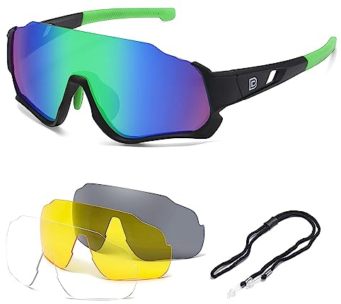 DUCO Polarisierte Kinder Sonnenbrille Jugend Baseball Sonnenbrille Sport Teens Radfahren Sonnenbrillen Jungen Mädchen mit 3 Linsen DK280 (Schwarz Rahmen Grün Bügel Grün Farbig Linse)