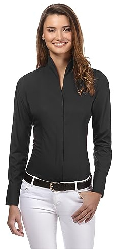 Vincenzo Boretti Camicia-Blusa Donna Elegante, Colletto Alto, Manica-Lunga, in Tinta Unita, Facile da Stirare, Taglio Abbastanza Aderente/Modern-Fit Nero 42