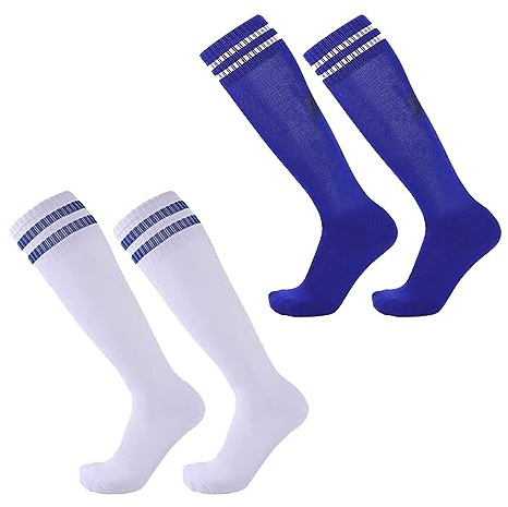 TSHAOUN 2 Pares Calcetines Fútbol para Niños, Calcetines de Deporte Entrenamiento Largos Medias Fútbol Transpirables para Fútbol, Rugby, Baloncesto, Correr, Adolescentes, 5-12 Años (White,Blue)
