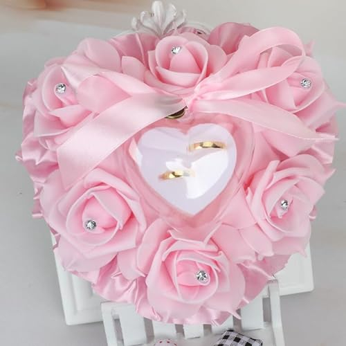 SYSUII Ringkissen Hochzeit Hochzeitskissen, Ehering Kissen Herzform Ringkissen Ringhalter mit Rose Strasssteinchen und Schleife Vintage Ringhalter Hochzeit deko Ringträger für Eheringe Verlobung-Rosa