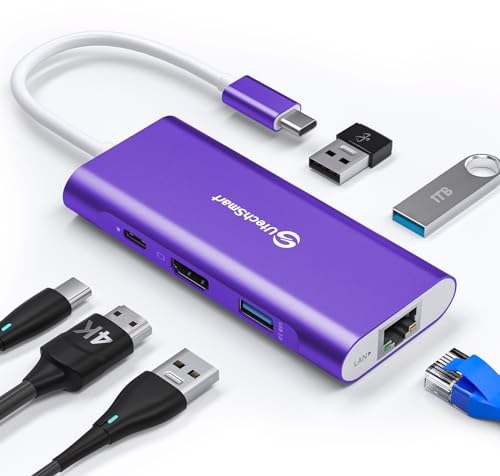 Hub USB C, UtechSmart 6 en 1 USB C HDMI Hub con 1000M Ethernet, PD 100W Puerto de Carga, 3 Puertos USB 3.0 USB C Adaptador Compatible para MacBook Pro, Chromebook USB Dispositivos (Púrpura Intenso)