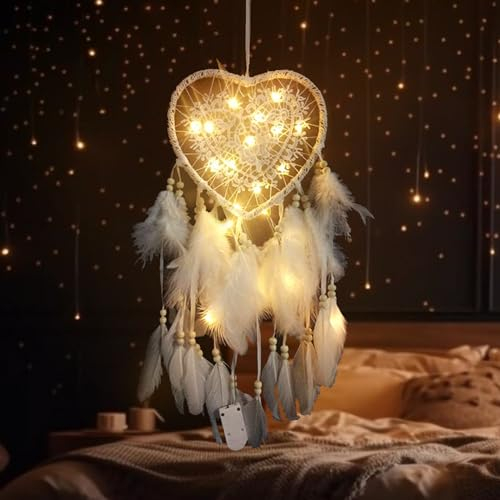 Kikuo Traumfänger Weiß Mädchen, Hollow-Out Heart Dreamcatcher mit Led String Lights, Handgemachte Dream Catchers Feder Wandbehang Dream Catcher für Mädchen Zimmer Deko Hochzeit Handwerk Geschenk