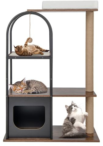 Maxmass Tall Cat Tree, 4-Tier Metal Cat Tower with Perch, 2-Door Condo, Platforms, Scratching Posts and Board & Hanging Ball, Indoor Cat Activity Center for Climbing, Playing, Sleeping (Black)