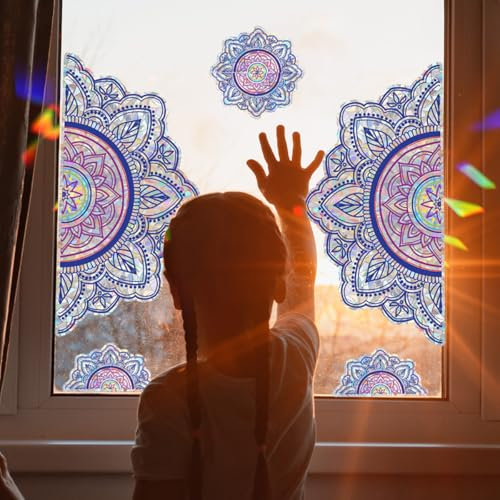 WandSticker4U®- [2er Set] Wiederverwendbare Fensterbilder MANDALA selbstklebend lila/blau (105x50 cm) I Prisma Fensteraufkleber Mandala Fenstersticker Fensterdeko Zen Wohn-& Schlafzimmer