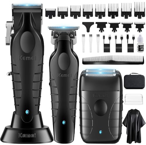 KEMEI Maquina de Cortar Pelo Hombre, Inalámbrico Cortapelos, Recortador de Barba con Hoja en T DLC, Afeitadora de Láminas, Kit de Afeitado y Corte de Pelo Eléctrico con 11 Guías