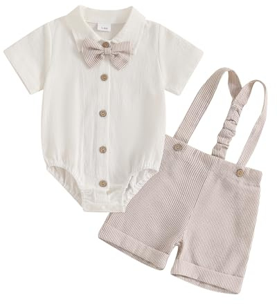 Himllauen Infant Baby Boy Summer Gentleman Outfit Solid Color Short Sleeve Lapel Neck Shirt Romper + Stripe Suspender Shorts + Bowtie for Newborn Toddler Boys (Khaki, 9-12 Months)