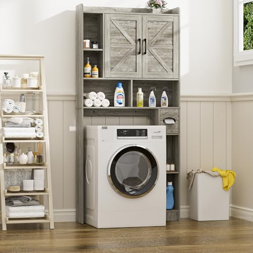 FiveWillowise Estantería para inodoro, armario para lavadora con 6 compartimentos abiertos, estantes ajustables, estantería para lavadora con armario lateral y puerta doble de madera, para baño y