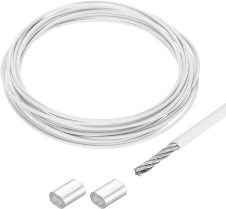 sourcing map 16Ft(5M) Wire Rope 304 Stainless Steel Cable 1/12(2mm) Vinyl Coated with 2pcs Aluminum Sleeves for Hanging, Clotheslines, Lifting White