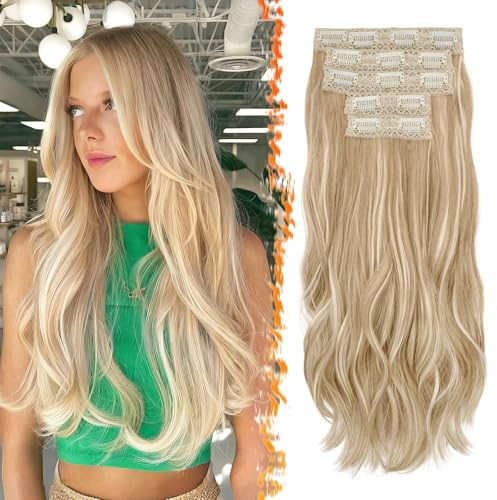 BARSDAR Clip in Hair Extensions Blond, 50cm Wellige Clip in Haarverlängerungen für Frauen 5PCs Voller Kopf Haarextension Synthetisches Haarteil Extensions - Mittelblond Gemischt