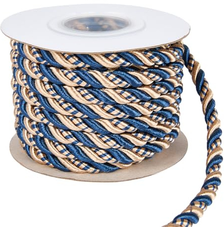 CABODYALS 8.5M 8MM Blue Gold Braid Cord Trim Decorative Twine Woven Rope Polyester Silk Graduation Honer String Satin Cords Xmas Thread Trimming for Sewing Making Curtain Decor Crafts Upholstery Diy