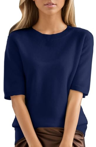 Maglione da donna a maniche corte, girocollo, maglietta estiva leggera, elegante, in tinta unita, comoda maglia larga, vestibilità comoda, maglietta basic
