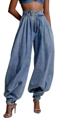 yoeasy Womens Zipper Jeans High Waisted Loose Harem Trousers Baggy Wide Leg Vintage Balloon Casual Denim Pants (Medium, Blue)