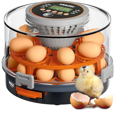 Incubadora automática Okköbi para huevos – incubadora huevos gallina 12 o 20 unidades – volteo automático – incubadora de huevos con control de temperatura y humedad – lámpara incluida