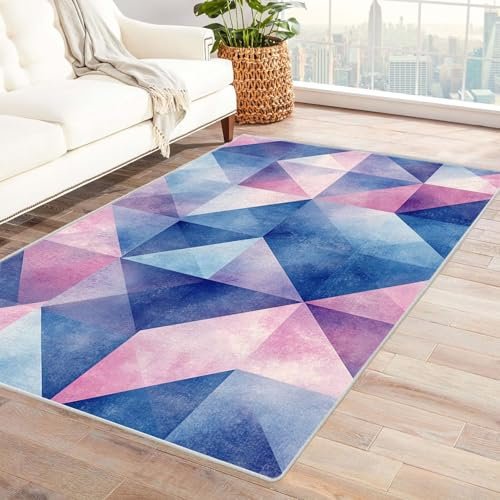 Blue Geometric Patchwork Area Rug 180x240cm for Living Room & Bedroom Stylish Modern Design Soft Non-Slip Carpeting for Home Décor