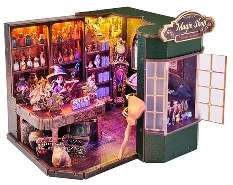 Joibabe Magic Shop Book Nook Kit - DIY Miniature House Dollhouse Kit for Adult and Teens, Tiny House Bookshelf Decor 3D Wooden Puzzle with LED Lighting, Gifts for Family, Friends (Magic Shop)