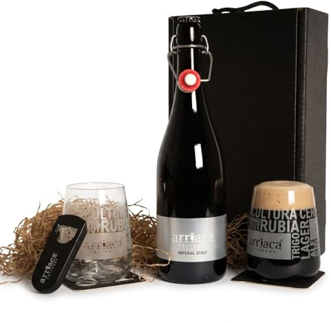 Cerveza artesana ARRIACA IMPERIAL RUSSIAN STOUT Pack Regalo Premium (Estuche 1x75cl + 2 Vasos)