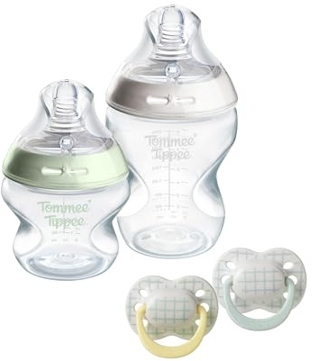 Tommee Tippee Set de regalo NS para recién nacidos, biberones anticólicos de 150 ml y 260 ml con tetina de flujo lento y Extralento y 2x chupetes Ultimate Fit de 0-6 mese, autoesterilización