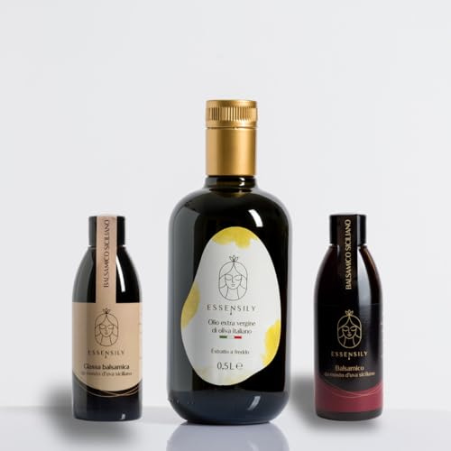 Coffret Gourmet Sicile : Huile d'Olive Extra Vierge Essensily 500ml, Vinaigre Balsamique Sicilien et Crème de Balsamique 200ml – Idée Cadeau Gastronomique – Box Dégustation Made in Sicily