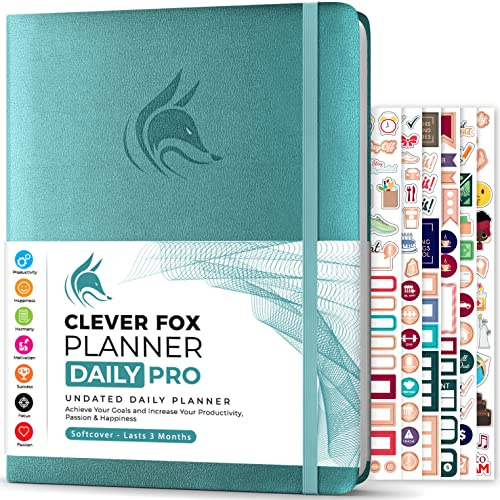 Clever Fox Planner Daily PRO - Daily Life Planner & Goal Organizer, Time Management Journal with Hourly Time Slots, Undated, Lasts 3 Months, A4 (Aquamarine)