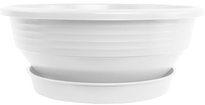 Plastard Pflanzschale Durchmesser 32 cm mit Untersetzer Farbe Weiß runde Blumenschale Schale Blumenkübel Gartenschale Wasserschale aus Kunststoff witterungsbeständig für Innen und Außen
