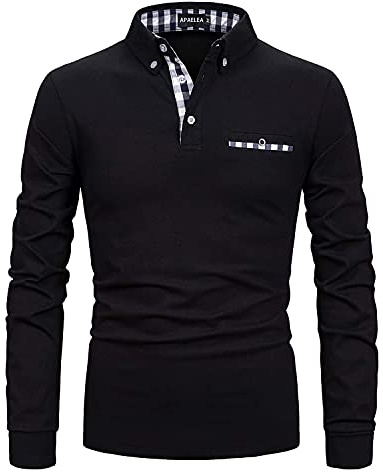 APAELEA Polotröja för män långärmad bomull golf t-shirt vardagliga toppar, Svart, XL