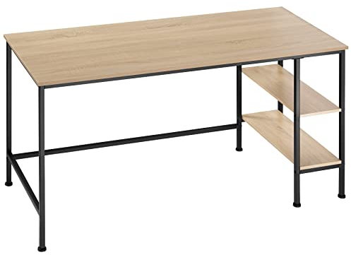 tectake Schreibtisch mit 2 Regalfächern, Computertisch aus Holz und Metall, Bürotisch im Industrie-Design, 140 x 60 x 76,5 cm, schwarzes Metallgestell (Industrial Holz hell, Eiche Sonoma)