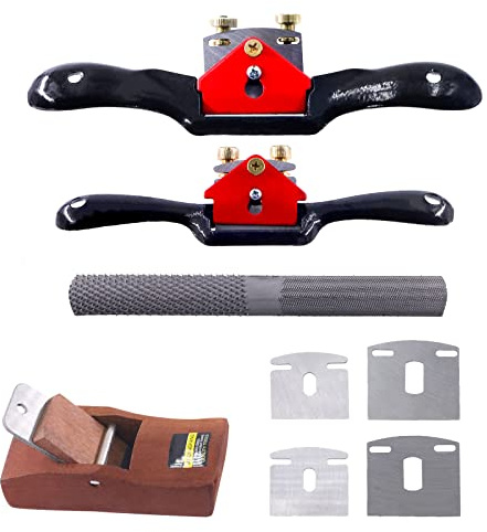 Keadic 8Pcs 9 10 Adjustable Spokeshave Kit Contains Manual Planer with Flat Base Replacement Metal Blades 4-Way Rasp File and Portable Woodworking Planes for Deburring Carving Crafting