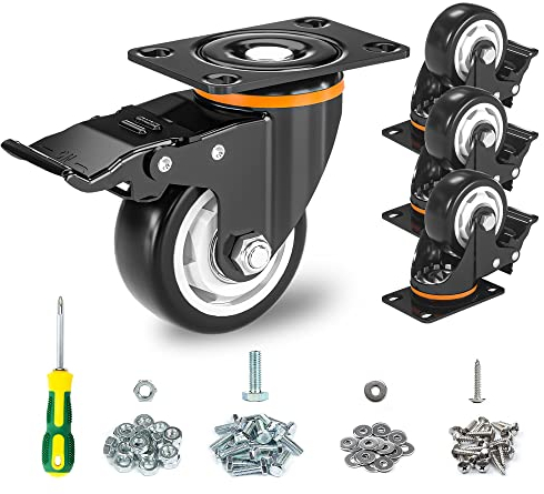 Möbelrollen Schwerlast, 4er Set 75mm Schwerlastrollen Lenkrollen, Tragkraft 500KG, Sicherheit Dual Locking und No Noise Polyurethan (PU) Räder, 360° Drehplatte Rollen